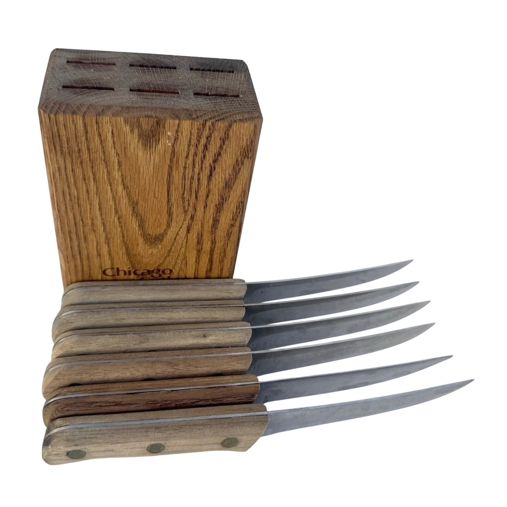 VTG 70s 80s Chicago Cutlery Steak Knife Set (6) 103S 4" Full Tang & Woodblock